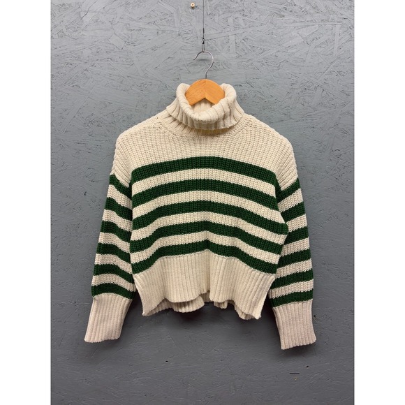 Madewell Turtleneck Sweater Women‎ XXS Cream Green Stripe Chunky Knit Cropped - Picture 1 of 9